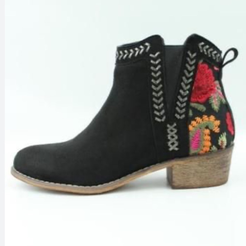 BLACK LEATHER BOOTS PINK RED GOLD EMBROIDERED SIZE 7 - Picture 2 of 4